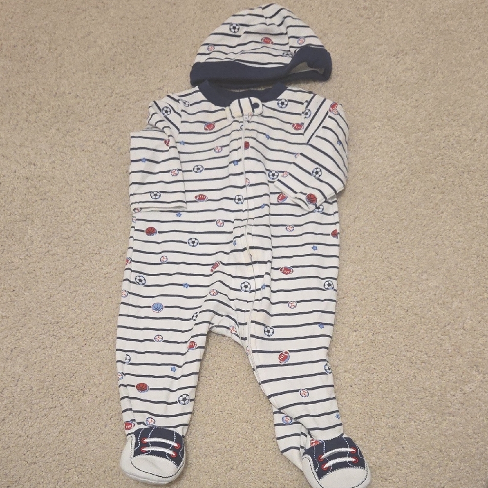 Little Me Sports Themed Baby Sleeper With Matching Hat 0-3 Months